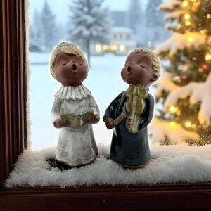 Vintage UCTCI Terra Cotta Angel Caroler and Violin Player Figurines Japan 1960s